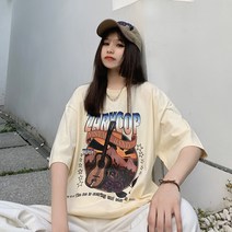 기타 프린트 루즈핏 순면 반팔 커플 티셔츠 남녀 트렌드