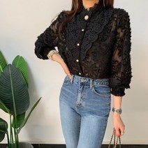 주디앤 여성 리사 하이넥 레이스 블라우스