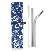스테인리스 스틸 재사용 가능한 금속 빨대 휴대용 식품 등급 4팩 21.6cm(8.5인치), Blue Flowers