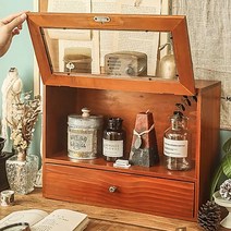 HND 복고풍 우드 캐비넷 플립 수납함 2단장 식장 유리 장식장 미니 엔틱 빈티지