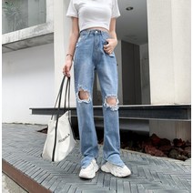 YY 스트레이트 분할 거지 구멍 달콤한 멋진 여성의 거리 스타일 느슨한 드레이핑 청바지 조수