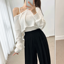 (무배 SET) 루즈핏 간절기 딥 브이넥 오프숄더 크롭 긴팔 티셔츠 나시 세트 4color