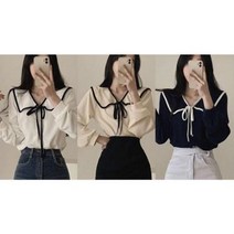 좁은어깨 커버 넓은 카라 러블리 여자 리본 블라우스