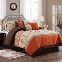 미국발송 Chezmoi Collection Serene 7피스 럭셔리 가을 플로럴 자수 이불 세트 퀸 오렌지/브라운/토프