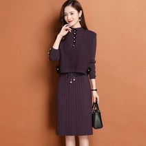 요모조모 YS682 여성 터틀넥 플리츠 가을 니트 조끼 긴팔 원피스 세트