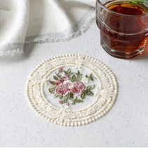플라워자수 레이스 컵받침 뜨개 코스터 꽃자수 차 받침 5색상, 인디핑크