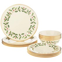 Lenox 홀리데이 접시 그릇 12피스 세트 레드&그린, Dinner Plate