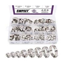 Swpeet 120피스 8가지 사이즈 304 스테인리스 스틸 싱글 이어 호스 클램프 크림프 클램프 모음 키트 신치 링 크림프 핀치 피팅 도구 자동차 가전 라인에 추천, Assortment Kit