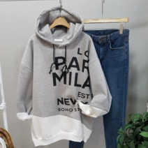 상상그이상 여성용 국내제작 편안한 배색 포인트 영문 레터링 기모 후드 맨투맨 티셔츠 꾸안꾸룩