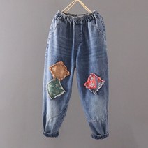 도오빠 디에크 여성 밴딩 청바지 데님 진 와이드 팬츠 배기핏 하렘 꽃무늬 패치 워싱 여자청바지 여자긴바지 프리사이즈