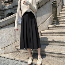 한국 스타일 하이 웨스트 플리티드 스커트 여성용 브라운 스커트 간단한 오피스 미디 봄 여름