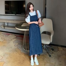 WGL 여름 여성 멜빵원피스 라운드넥 원피스 H라인 옆트임 롱원피스 반팔 퍼프 소매 셔츠 세트 M~4XL