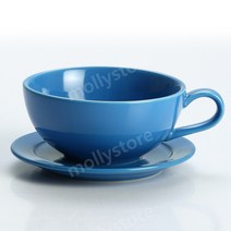 와이드 입넓은 컬러 대형 세라믹 커피 컵과 접시 라떼잔 카푸치노 컵앤소서, 파란색
