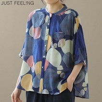 JUST FEEL!NG 린넨셔츠 캐주얼 박시핏 빅사이즈 상의 배색 5부 화려한 블라우스 얇은 상의 캐주얼