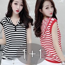 tagi 1+1 여자 순면 단가라 티셔츠 루즈핏 민소매 후드티 조끼 여름