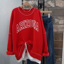 상상그이상 여성용 국내제작 기모 아리조나 레이어드 맨투맨 남녀공용 스티치 포인트 빅사이즈 가볍고 따뜻한 영문 레터링 오버핏 커플 롱박스티셔츠