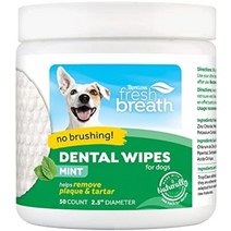 tropiclean fresh breath no brushing 깨끗한 치아 치과 amp 개를 위한 구강 관리 덴탈 와이프 50ct - 치아 클리닝 와이프 - 플라크를 닦아내는, 50캐럿