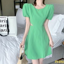 미미앤느 [L-4XL] 퍼프 슬림핏 옆트임 그린 반팔 미니 원피스 111115