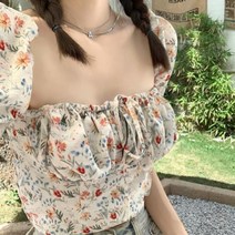 스퀘어넥 뒷지퍼 러블리 셔링 플라워 블라우스