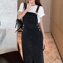 [레티고] 트임 멜빵 롱 데님 원피스