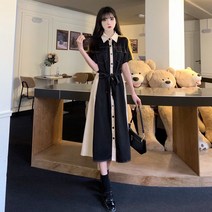 여름반팔원피스 디자인감각 패치워크 블러킹 보이핏 볼륨 허리보정 스트랩 셔츠 빅사이즈 학원 무드 4999031271