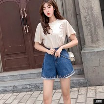 가바바 여성 빅사이즈 청반바지 밑단 인디언 문양 데님 반바지 G47038