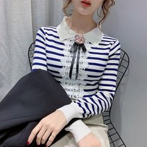 [이꾸띠] 피메 여성 봄 가을 라운드넥 카라 타이트 스판 시보리 플라워 레이스장식 니트