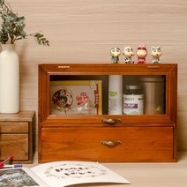 나무 장식 ㄷ자 원목 식탁 위 선반 레트로 단단한 화장품 데스크탑 스토리지 박스 오피스, 깨끗한 유리