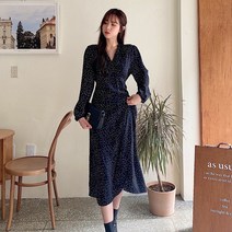 [러블리무드/적극추천] 디어 도트 브이넥 랩 스트랩 리본 끈 긴팔 쉬폰 롱원피스 3color