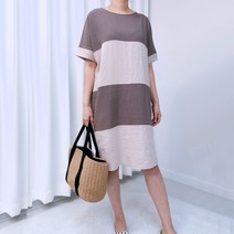 빅걸스토리 여성용 빅사이즈 린넨 마 배색 라운드 H라인 미디 반팔원피스