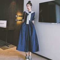 빅사이즈 여성 긴 소매 데님원피스 슬림 청 롱 플레어 스커트 원피스