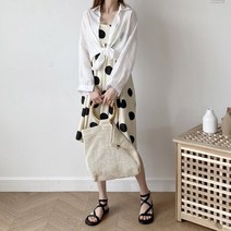 오슈 여름 데일리 데이트룩 도트 볼륨 플레어 롱원피스