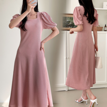 NewCare 여성 링클프리 롱 원피스 스퀘어 골지 퍼프 플레어