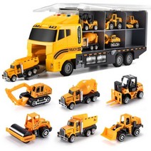 TEMI 대형 컨테이너 운송기 Playset 플레이 매트 6 개 소형 엔지니어 차량 자동차 모델 완구 소년 선물, yellow transporter