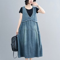 제이앤티 V넥 박시핏 민소매 와이드 데님 롱원피스