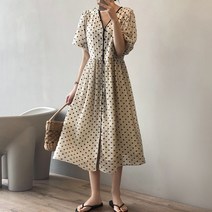 아이엠몽 여성 텐셀 면 도트 패턴 땡땡이 퍼프 반팔 롱 플레어 원피스 로팅엄