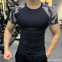 JUST FEEL!NG 남자 속건 반팔 스판 배색 타이츠 트레이닝 쫄티 여름 소프트 스판 슬림핏 티셔츠