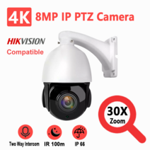 영어 설명서 하이캉웨이시를 겸용한 8MP 미니 IP 클라우드 보안 카메라 4K 30X 줌 IR 100m 소니 IMX415 센서 양방향 오디오 음성 경보, PoE PTZ PoE 어댑터, 금 플러그