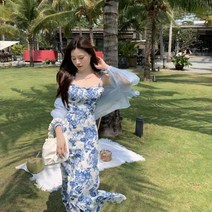 어깨끈 묶음 여친룩 꽃무늬 원피스 롱 여름 민소매
