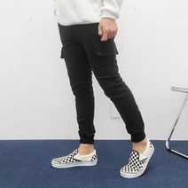 버튼 남성용 기모 스판 반밴딩 카고 조거팬츠