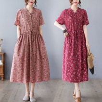 Yanda 여름 프린트 빅사이즈 여성의류 린넨 롱원피스 반팔 밴딩