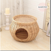 Makone 상표등록 강아지 고양이 숨숨집 라탄하우스, 원목색(쿠션+대자리)