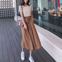 허리 밴딩 롱바지 와이드 팬츠 반팔 티셔츠 세트