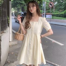 [천삼백케이] [코지23] 여자 스퀘어넥 퍼프 린넨 깔끔하고 러블리한 원피스