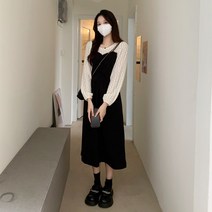 페이크 레이어드 레이스 퍼프소매 뷔스티에 롱원피스 하객원피스