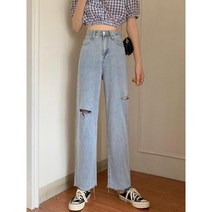 와이케이하우스 찢어진 얇은 높은 허리 청바지 여성 봄과 여름 새로운 한국어 스타일 느슨한 직선 야생 넓은 다리 학생 바지_68423