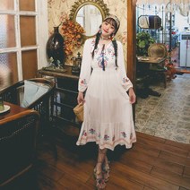 보헤미안 해변 바캉스 빈티지 롱스커트 문예소녀 중공자수 브이넥 에스닉 원피스 여름