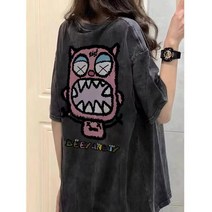 Makone여성용 여름 반팔 티셔츠반팔티셔츠 여여름 빈티지 워싱 구제 캐릭터 프린트 상의