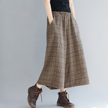 유블리 여성 모직 체크 와이드 밴딩 팬츠