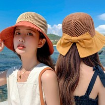 소풍 바캉스 린넨 투톤메쉬 리본 페도라 버킷햇 여자모자 왕골모자 밀집모자 피크닉모자 왕챙모자